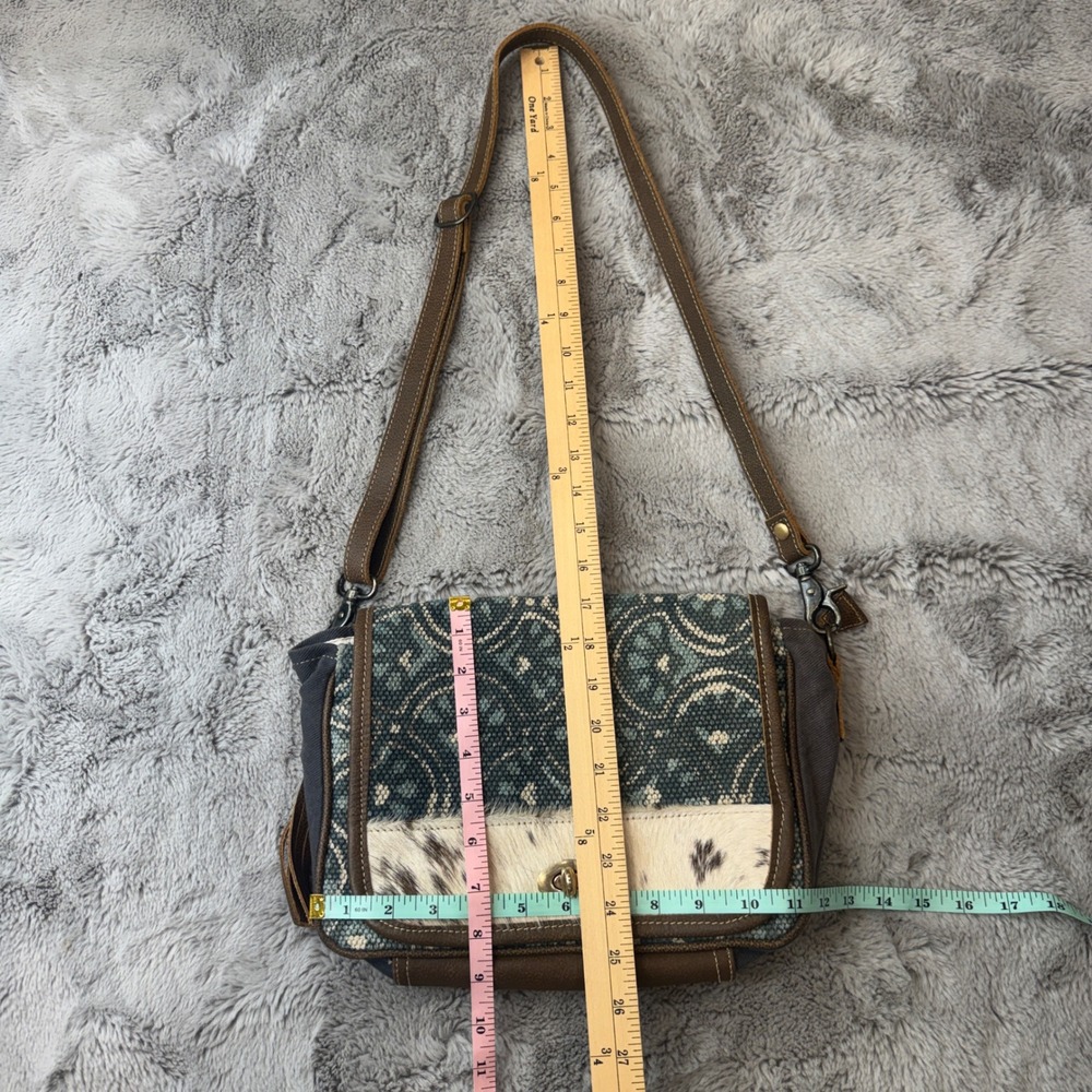 Myra‎ Bag Canvas Cowhide Rug Tapestry Crossbody Bag Teal Brown S-1250 - Picture 7 of 16